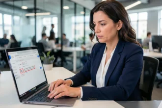 Femme professionnelle utilisant Gmail avec les champs Cc et Cci visibles sur son ordinateur portable au bureau