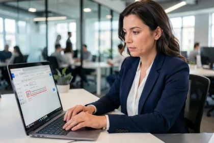 Femme professionnelle utilisant Gmail avec les champs Cc et Cci visibles sur son ordinateur portable au bureau