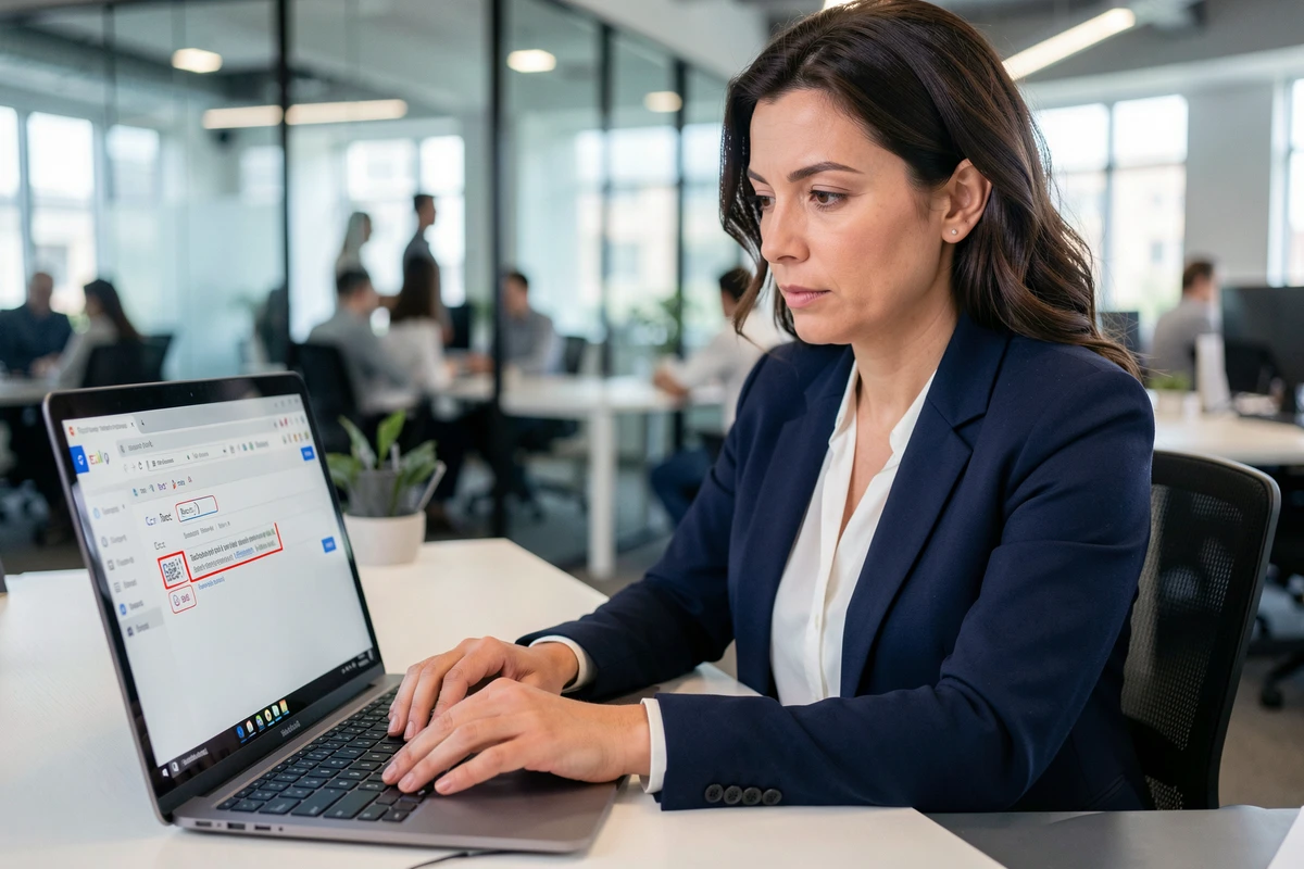 Femme professionnelle utilisant Gmail avec les champs Cc et Cci visibles sur son ordinateur portable au bureau