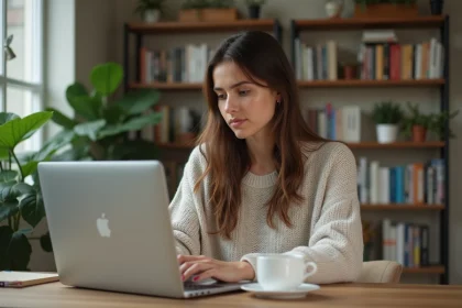 Jeune femme concentrée travaillant sur son ordinateur dans un bureau cosy