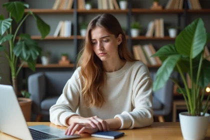 Jeune femme au bureau d home avec confusion