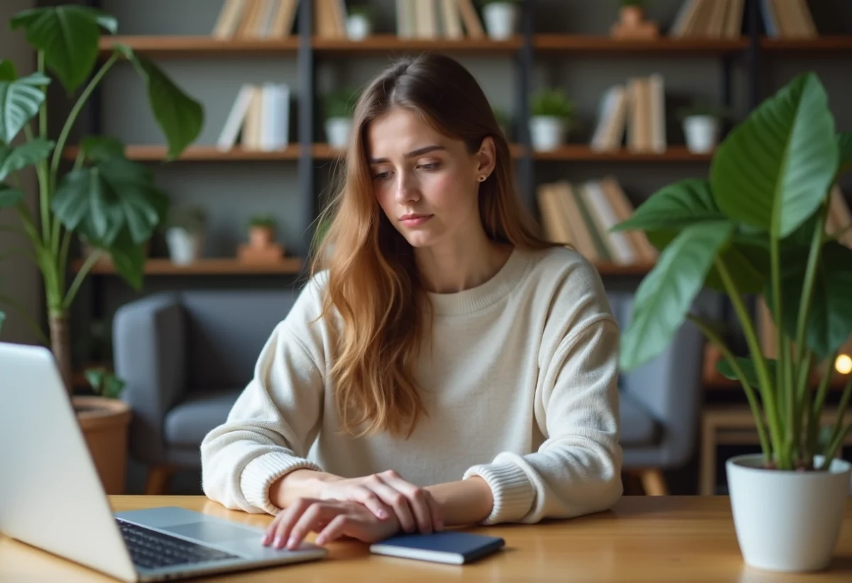 Jeune femme au bureau d home avec confusion
