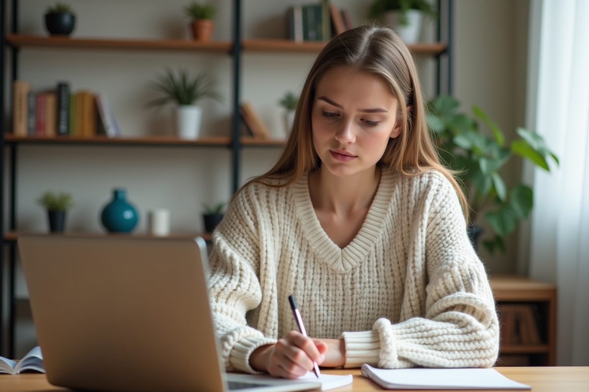 Jeune femme au bureau prenant des notes avec son ordinateur