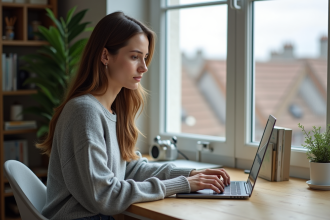 Femme au bureau à domicile travaillant sur son ordinateur