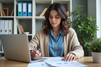 Femme concentrée travaillant sur un ordinateur dans un bureau moderne