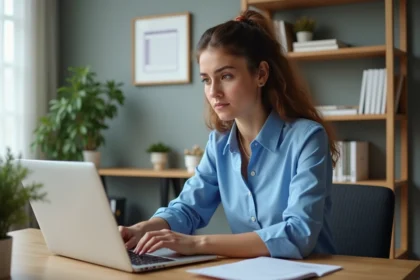 Jeune femme au bureau examine un document Word