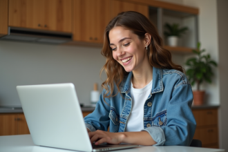 Jeune femme souriante utilisant un ordinateur portable à la maison