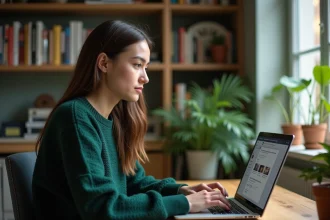 Jeune femme au bureau à la maison avec ordinateur portable