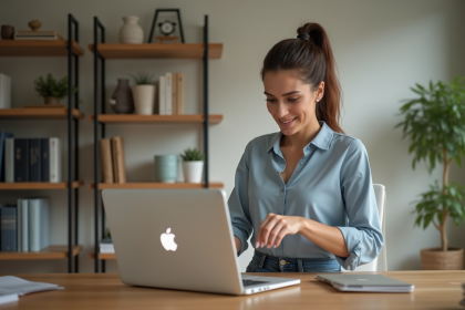 Femme en bureau moderne manipulant un dossier sur son ordinateur