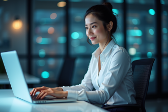 Jeune femme concentrée travaillant sur un ordinateur dans un bureau moderne