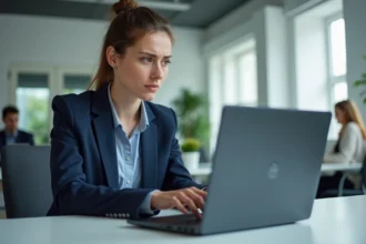 Femme en blazer marine utilisant la touche Dell sur un clavier d'ordinateur portable dans un bureau moderne
