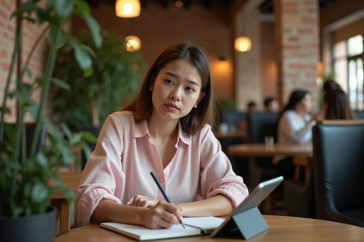 Jeune femme prenant des notes dans un café cosy