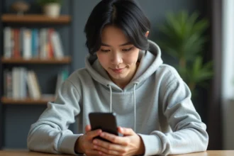 Femme tenant un smartphone Samsung et effectuant une capture d'écran défilante sur son téléphone