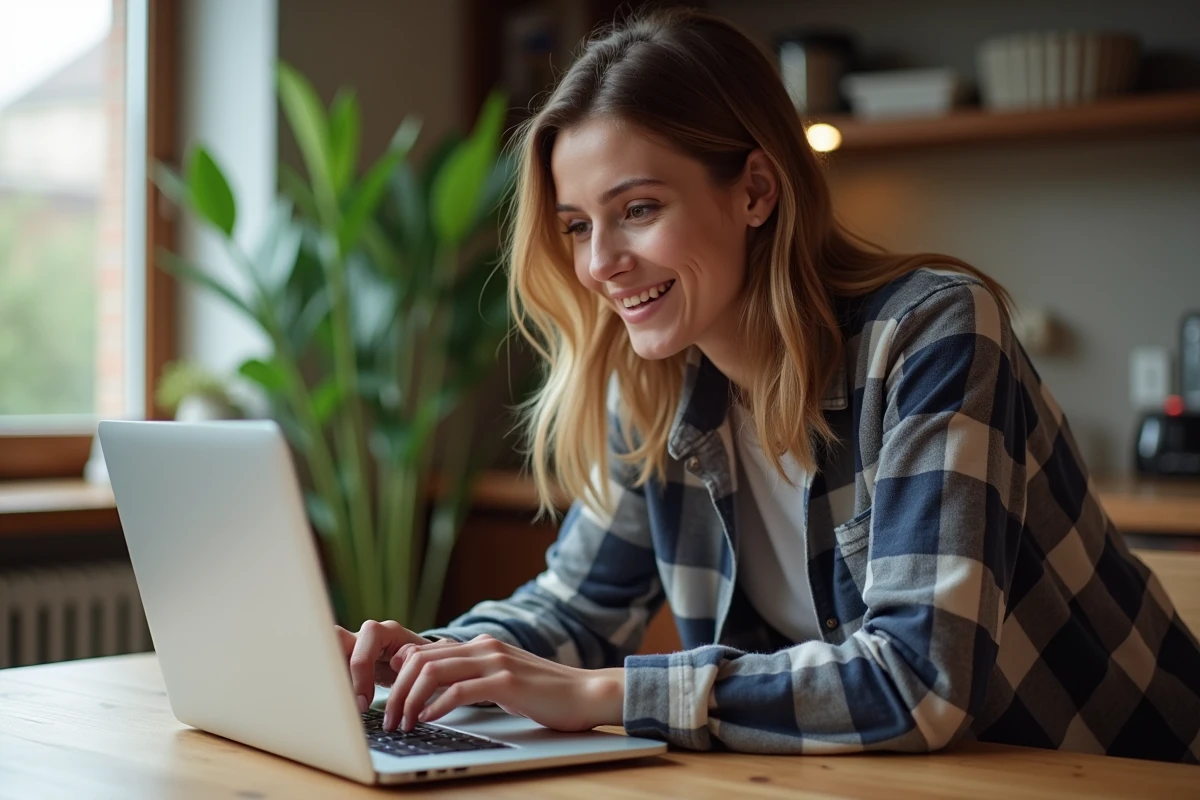 Jeune femme souriante configurant sa freebox à la maison