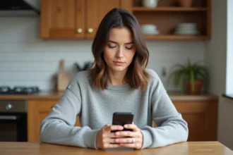 Femme configurant l'application Mel AC Normandie sur son smartphone Android dans une cuisine moderne