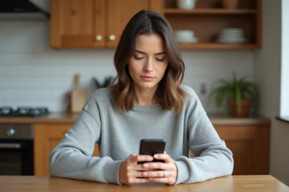 Femme configurant l'application Mel AC Normandie sur son smartphone Android dans une cuisine moderne