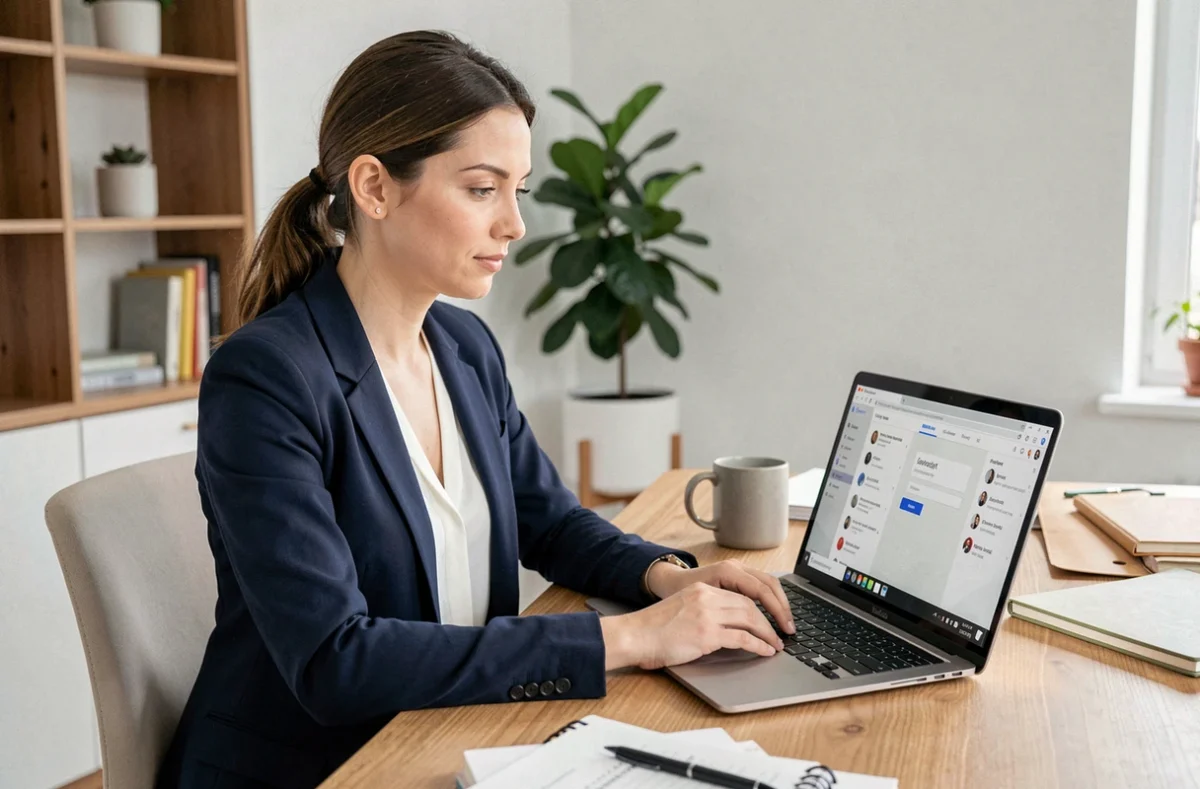 Femme professionnelle connectée à plusieurs comptes AOL Webmail sur son ordinateur portable dans un bureau à domicile moderne