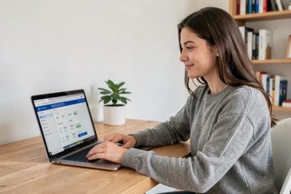 Jeune femme utilisant un outil en ligne de conversion de Ko en Mo sur son ordinateur portable dans un bureau minimaliste