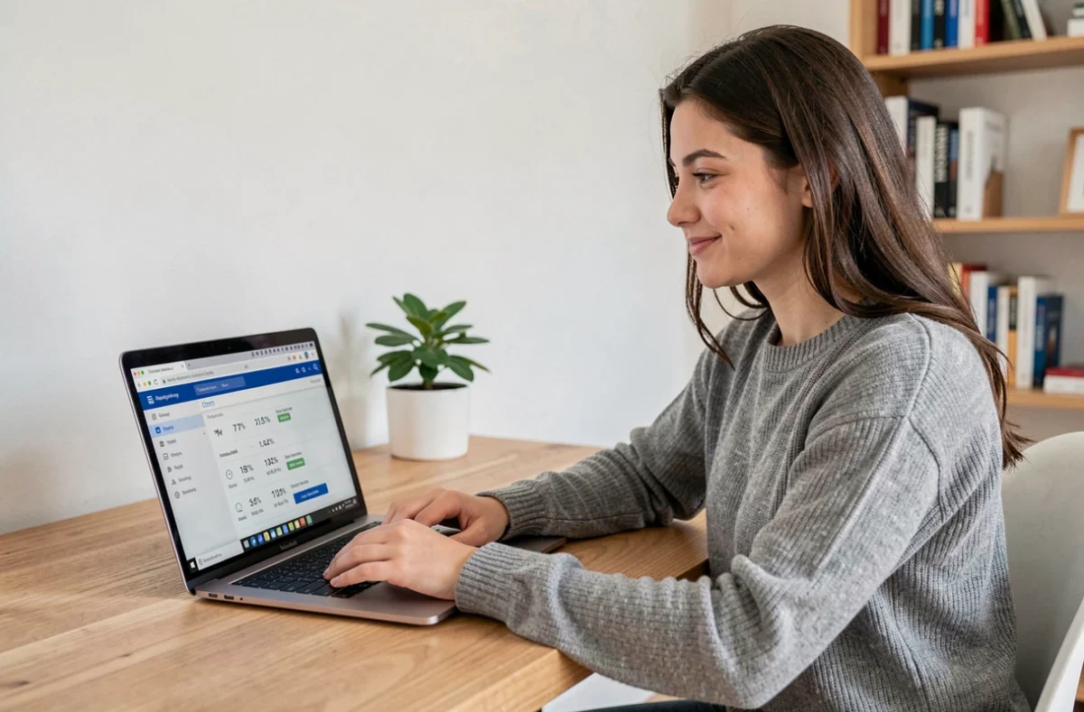 Jeune femme utilisant un outil en ligne de conversion de Ko en Mo sur son ordinateur portable dans un bureau minimaliste