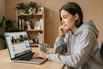 Jeune femme convertissant une vidéo YouTube en MP4 sur son ordinateur portable dans un bureau à domicile