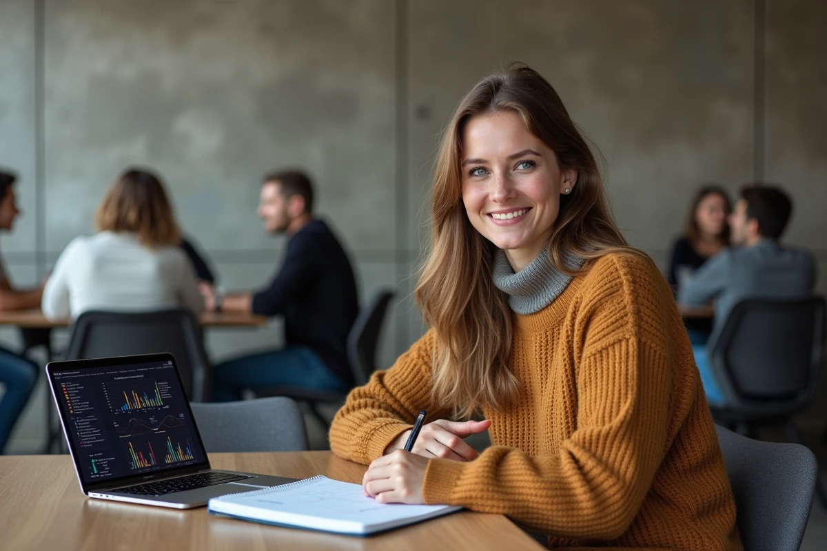 Femme avec tablette et notes dans espace coworking