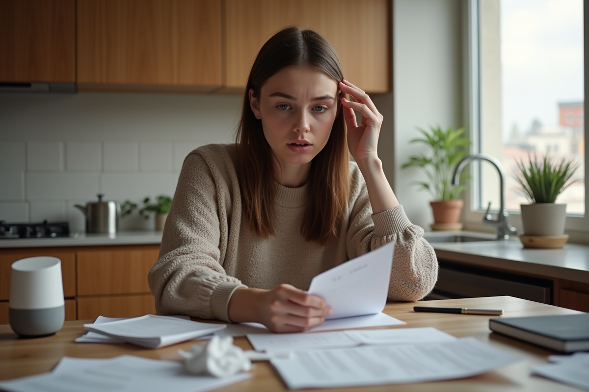 Jeune femme dans la cuisine consulte un note et un assistant vocal