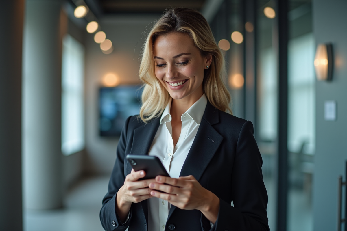 Femme d affaires souriante déverrouillant son smartphone dans un bureau moderne