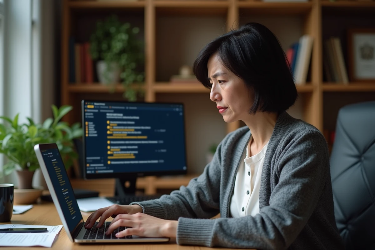Femme frustrée face aux erreurs de pilotes dans le gestionnaire de périphériques Windows 10 après migration depuis Windows 7