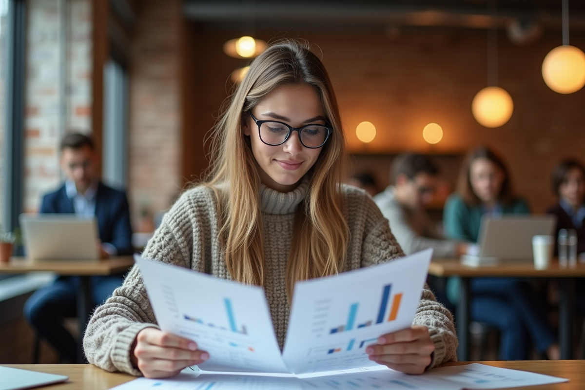 Femme en sweater examinant des rapports avec graphiques