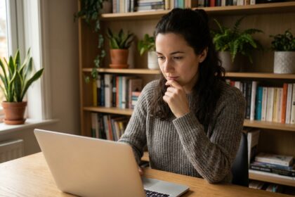 Jeune femme concentrée sur son ordinateur dans un bureau à domicile