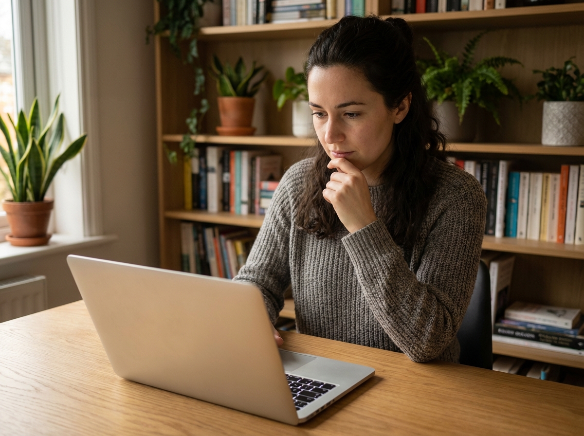 Jeune femme concentrée sur son ordinateur dans un bureau à domicile