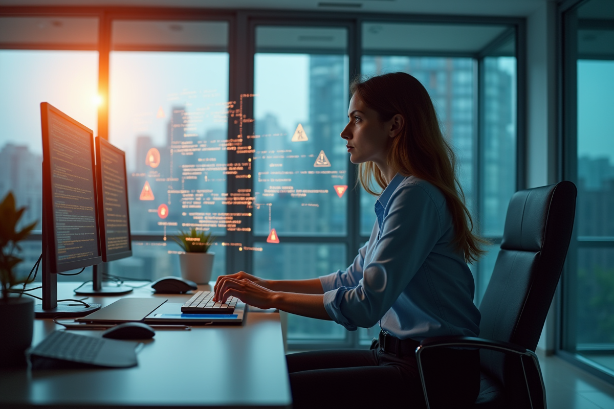 Femme d affaires inquiète face à des alertes de cybersécurité