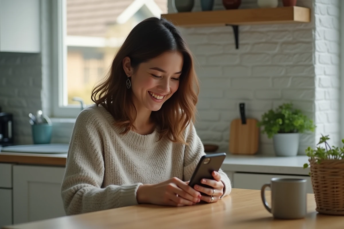 Femme souriante utilisant son smartphone dans la cuisine domestique