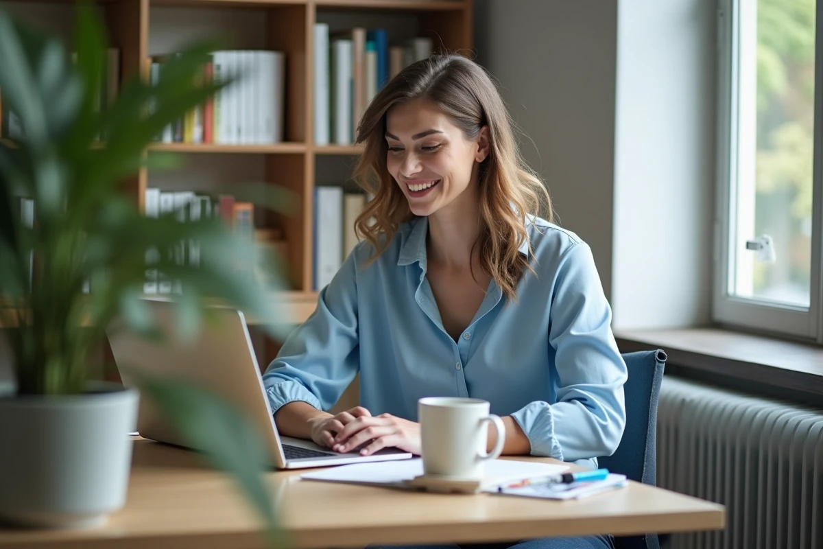 Femme souriante en setup email dans un bureau lumineux