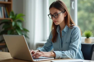 Jeune femme en home office convertissant une vidéo