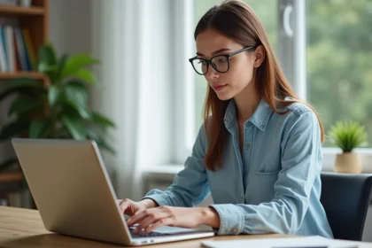Jeune femme en home office convertissant une vidéo