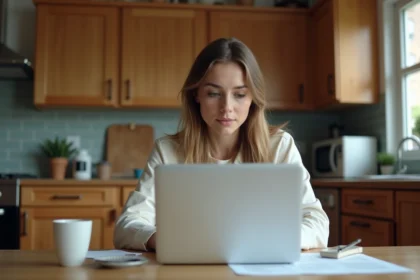 Femme comparant offres internet sur un ordinateur portable dans la cuisine