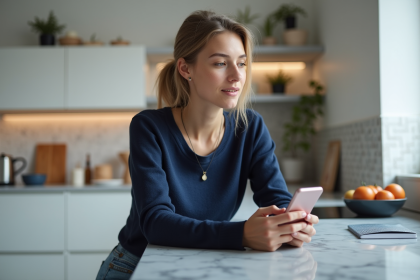 Jeune femme française parle au smartphone dans la cuisine