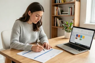 Femme travaillant sur un planning hebdomadaire dans Microsoft Word sur un bureau en bois moderne