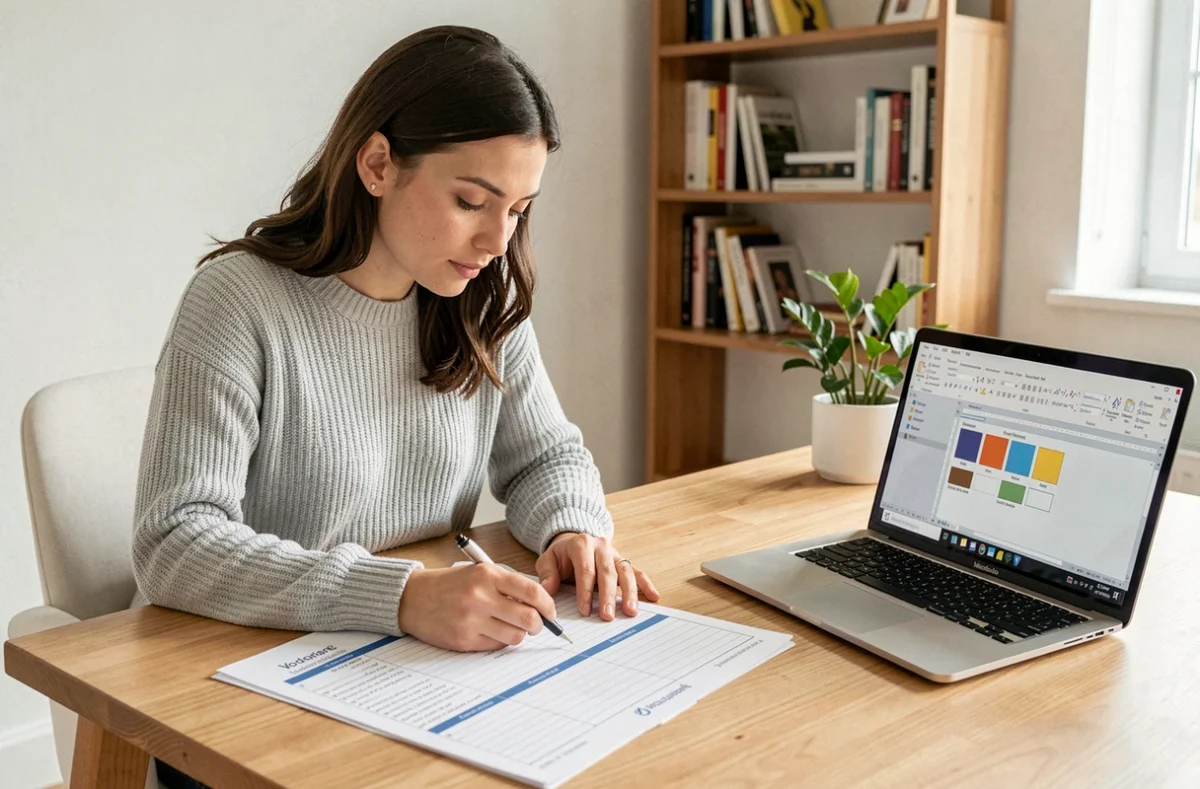 Femme travaillant sur un planning hebdomadaire dans Microsoft Word sur un bureau en bois moderne