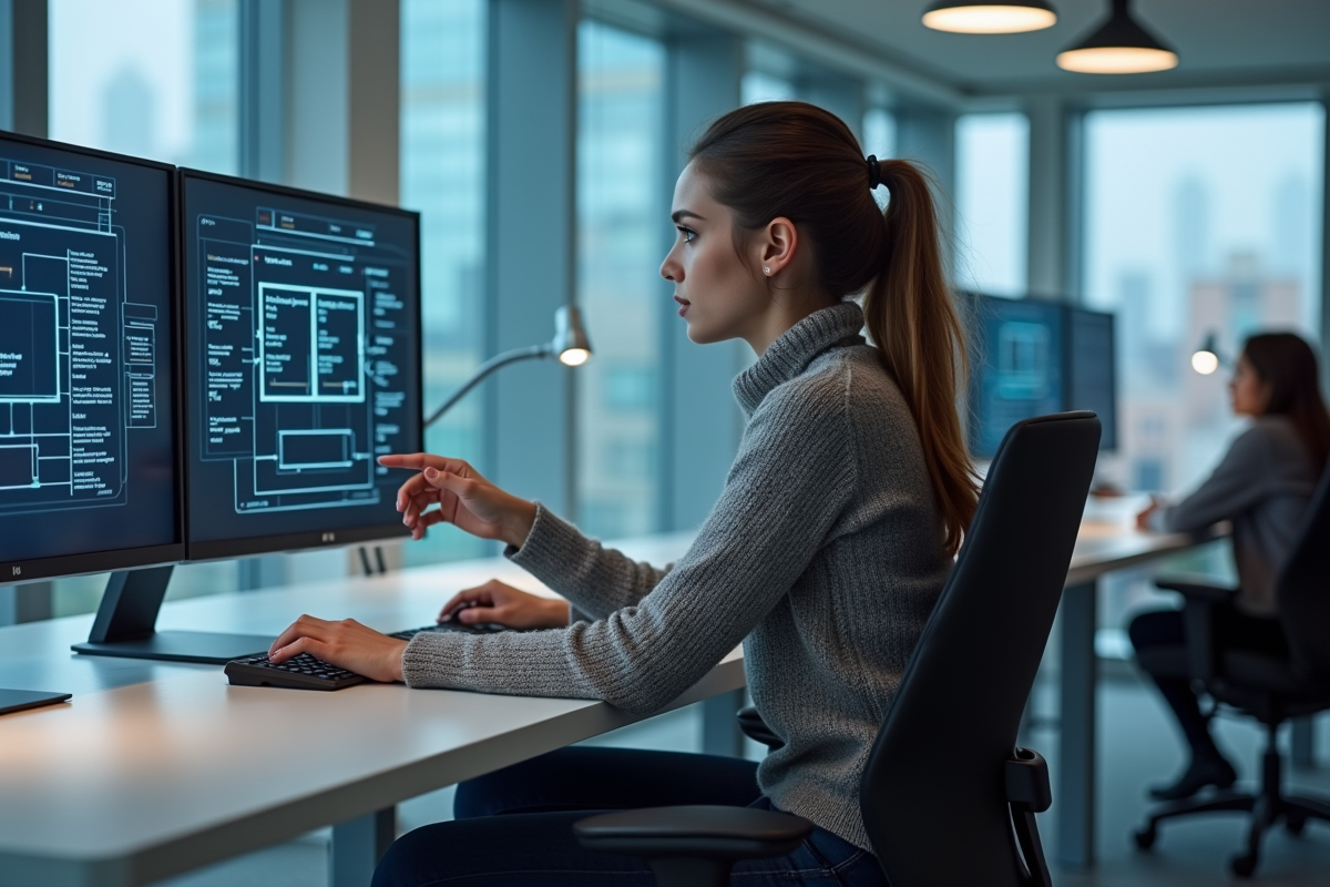 Jeune femme pointant diagramme sur écran ordinateur
