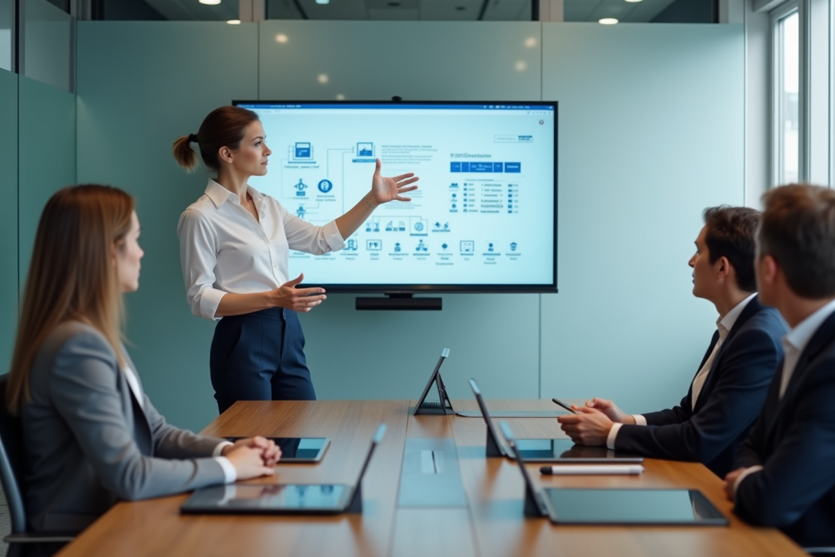 Femme en réunion expliquant un diagramme BT à ses collègues