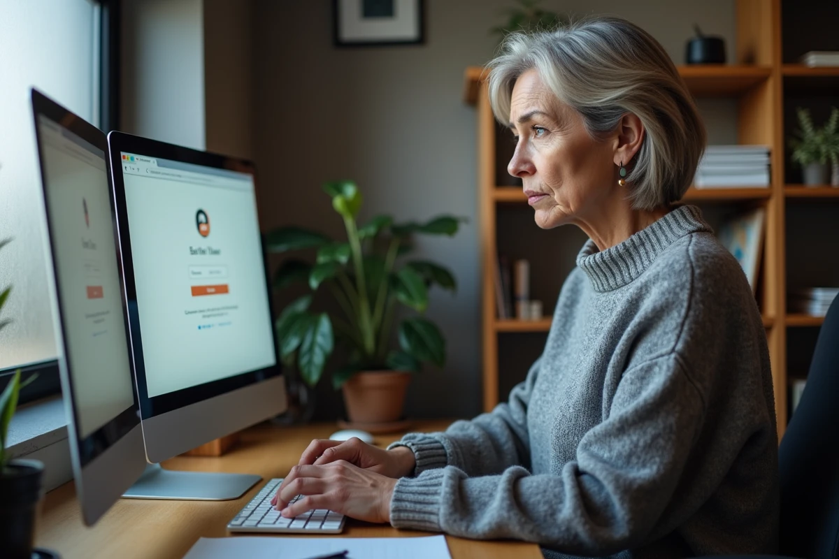 Une femme à son bureau à domicile tentant de résoudre un problème de connexion à sa messagerie web