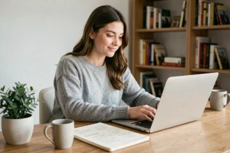Jeune femme productive travaillant sur son ordinateur portable avec une liste de tâches, dans un bureau à domicile moderne et organisé