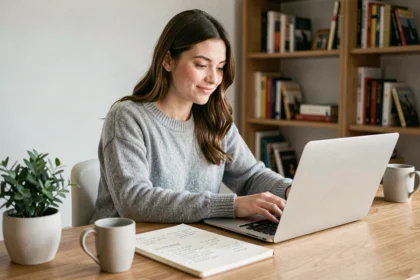 Jeune femme productive travaillant sur son ordinateur portable avec une liste de tâches, dans un bureau à domicile moderne et organisé