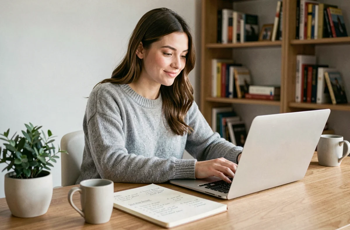 Jeune femme productive travaillant sur son ordinateur portable avec une liste de tâches, dans un bureau à domicile moderne et organisé
