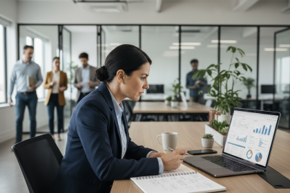 Femme professionnelle analysant des données dans un bureau moderne