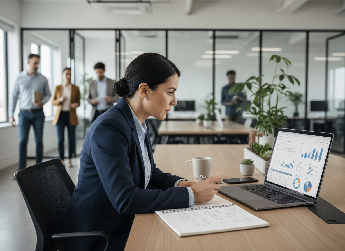 Femme professionnelle analysant des données dans un bureau moderne