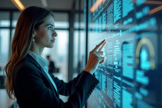 Jeune femme d'affaires interagissant avec une interface blockchain