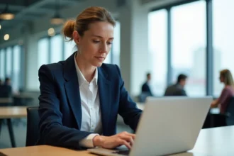 Femme professionnelle en blazer marine rédigeant un email sur son ordinateur portable dans un open space moderne, illustrant la gestion des destinataires Cc et Cci